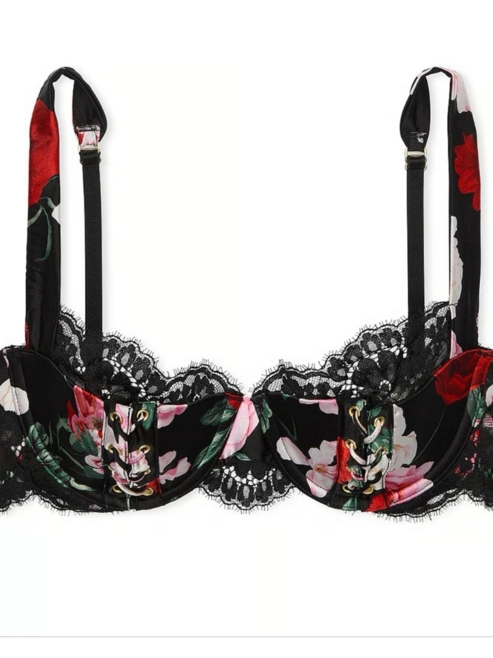 Victoria's Secret Black Floral Lace Underwire Bra with Red & Pink Blooms